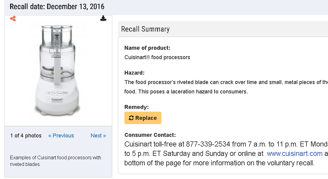 Cuisinart Food Processors Recalled by Conair Due to Laceration
