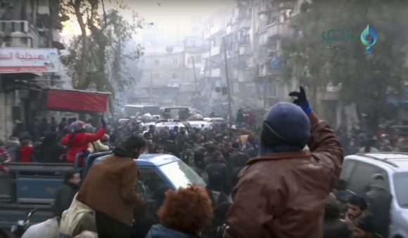 In this frame grab, a Syrian opposition media outlet shows civilians gathering for evacuation from eastern Aleppo, Syria, on Dec. 15, 2016.