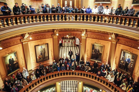 Protestors fill the rotunda of the Michigan State Capitol before the state electoral college met to cast their votes on Dec. 19, 2016 in Lansing, Michigan, United States. The electoral college met in the afternoon and voted unanimously for Trump. Electors from all 50 states cast votes today in their respective state capitols. (Sarah Rice/Getty Images)