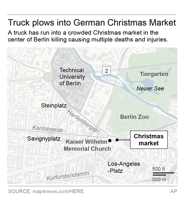 Map locates Christmas market where the truck attack happened. (Via AP)