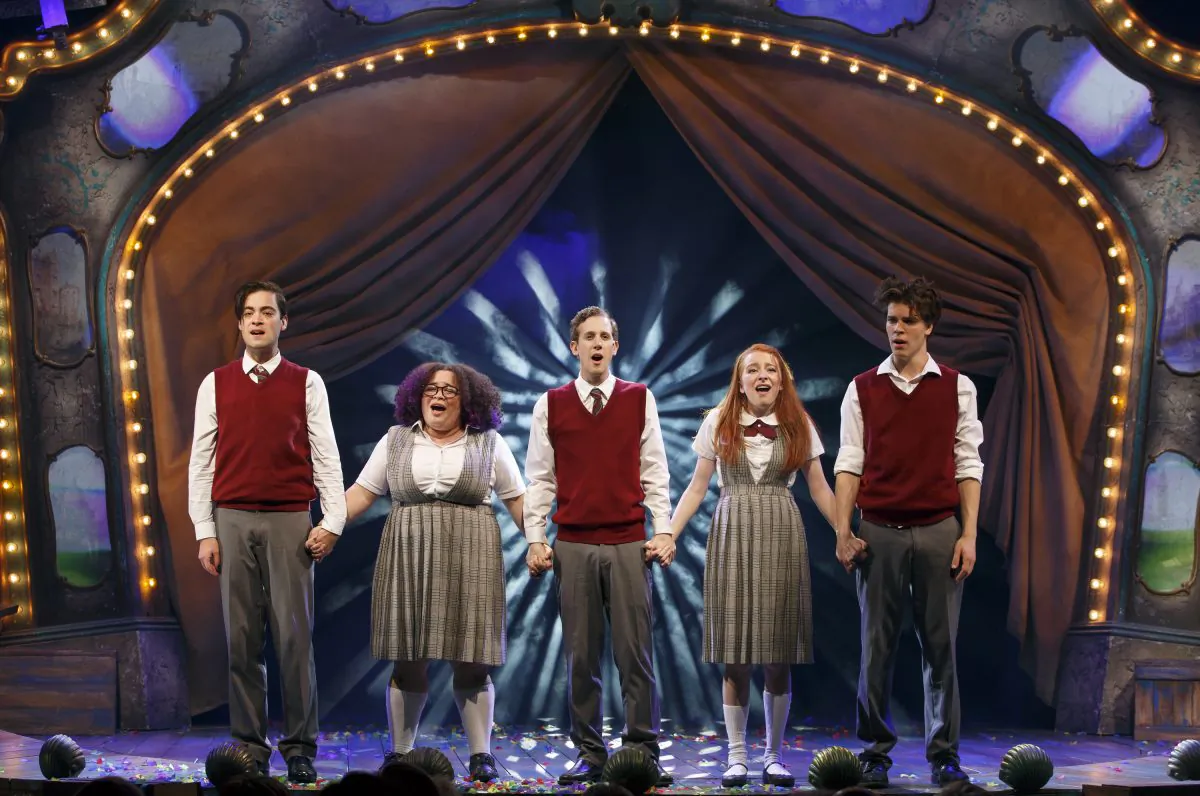 (L–R) Kholby Wardell, Lillian Castillo, Alex Wyse, Tiffany Tatreau, and Gus Halper in “Ride the Cyclone.” (Joan Marcus)