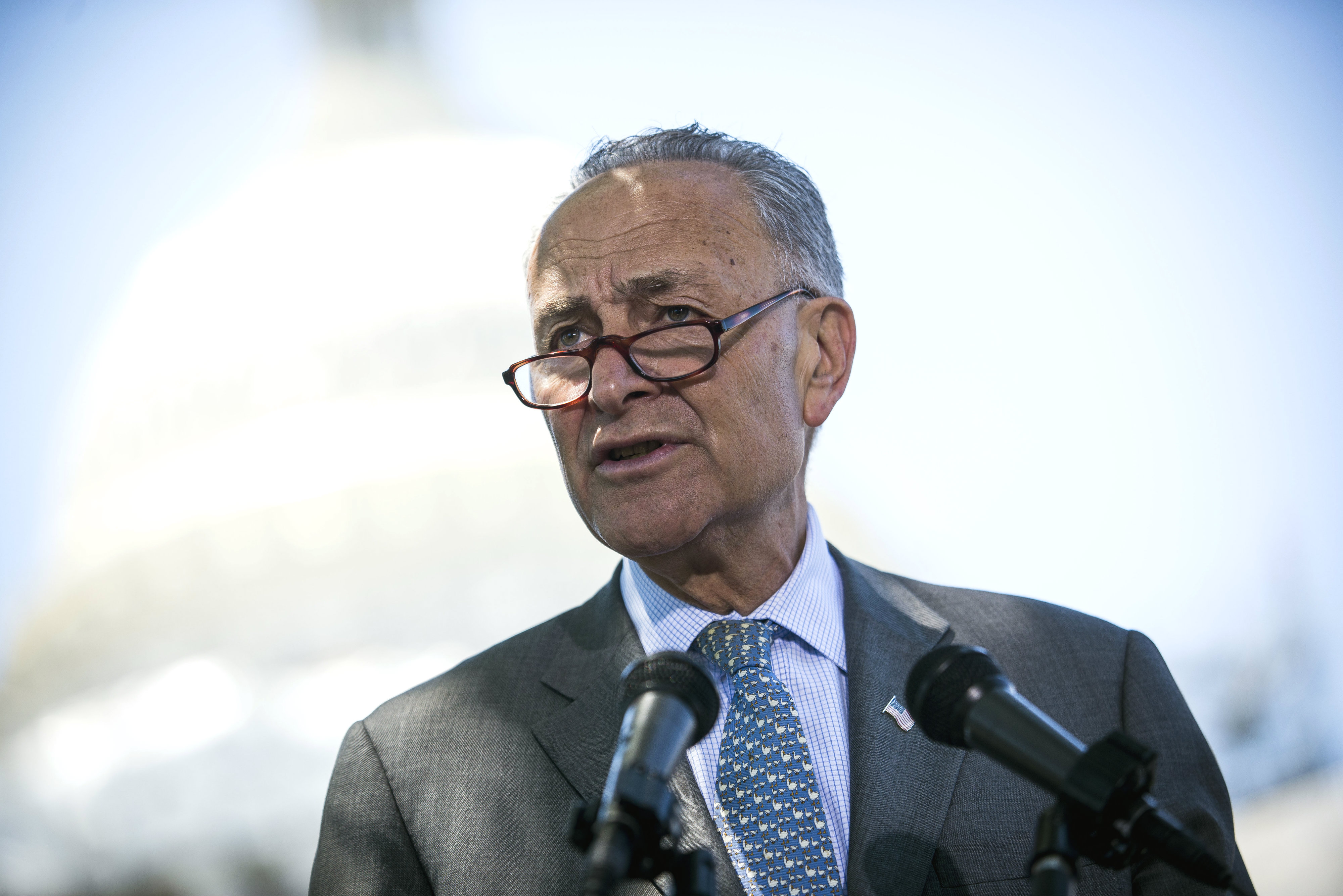 Senate Minority Leader Sen. Chuck Schumer stands outside the Capitol on June 9. (Gabriella Demczuk/Getty Images)