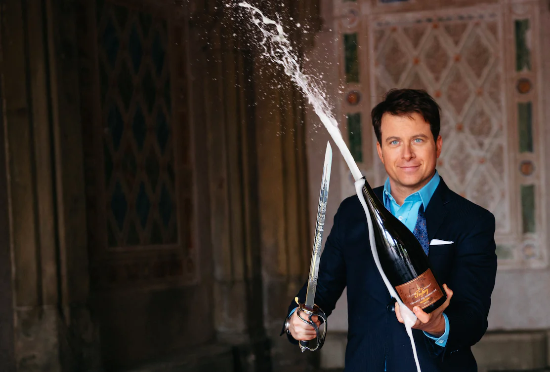 If there’s an ultimate way to open a bottle of bubbly, this is it. Mark Oldman sabered over 30 bottles in Central Park last spring for a photo shoot for his book cover. When he gave the sabered bottles away to passersby, half were suspicious, and half were delighted. “It was a sloppy mess by the end, but we got our shot,” he said. (Jiyang Chen)