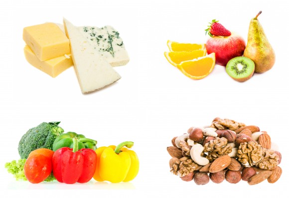 ASIER ROMERO (CHEESE); JURRA8 (FRUIT); EAKS1979 (VEGETABLES); MADLEN (NUTS); IFONG/SHUTTERSTOCK (PLATE)