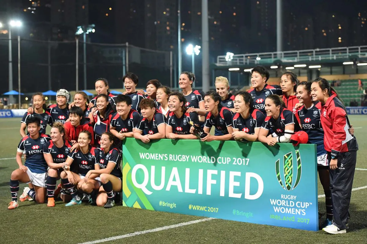Hong Kong women show their delight in qualifying for the 2017 World Cup in Ireland following their success in the World Cup Qualifier in Hong Kong on Dec 17, 2016. (Bill Cox/Epoch Times)