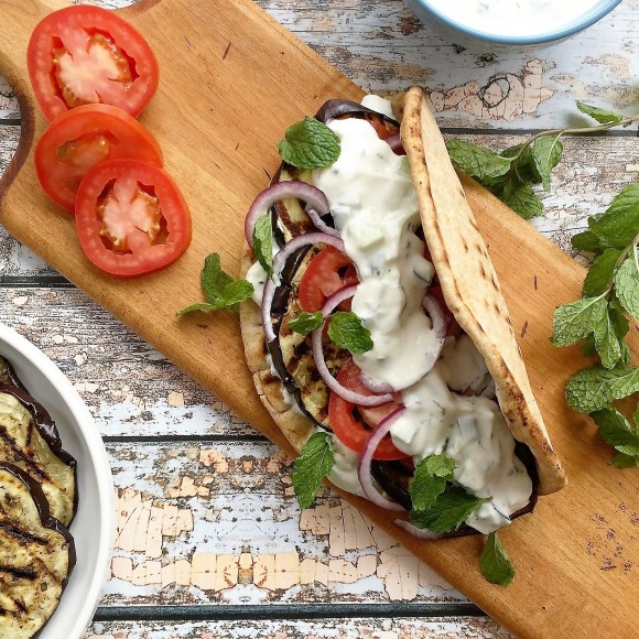 Grilled eggplant gyros with fresh tzatziki. (Courtesy of Jackie Newgent)