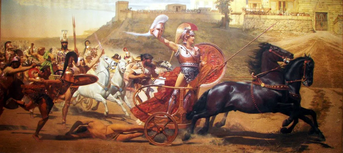 “Triumphant Achilles” by Franz von Matsch, 1892, from a panoramic fresco on the upper level of the main hall of the Achilleion Palace on Corfu, Greece. Achilles is dragging Hector's lifeless body in front of the Gates of Troy. (Public domain)