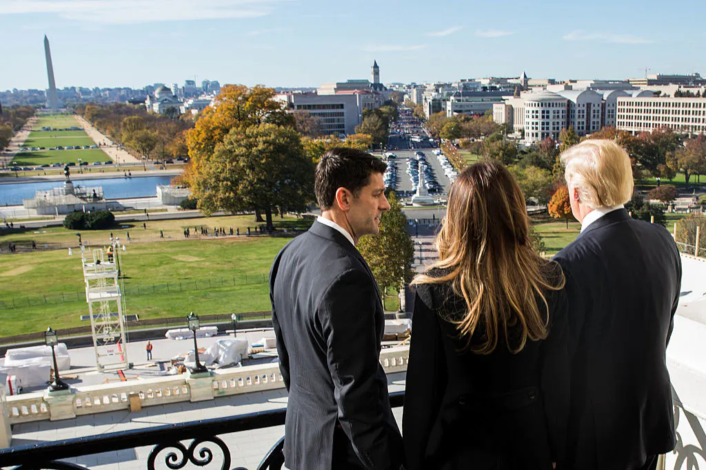House Speaker Paul Ryan (R-WI) shows President-elect Donald Trump and his wife, Melania Trump the Speaker's Balcony at the U.S. Capitol in Washington, DC on Nov. 10, 2016. (Zach Gibson/Getty Images)