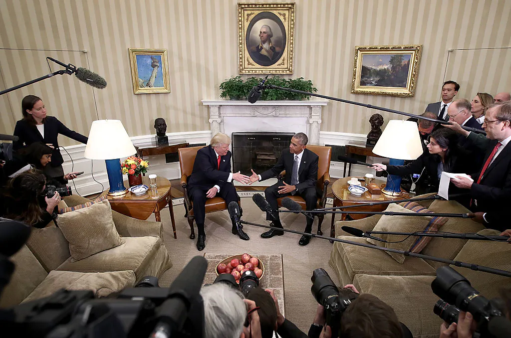 First Meeting: President Barack Obama shakes hands with President-elect Donald Trump following their first meeting since the election at the Oval Office in the White House on Nov. 10. (Win McNamee/Getty Images)