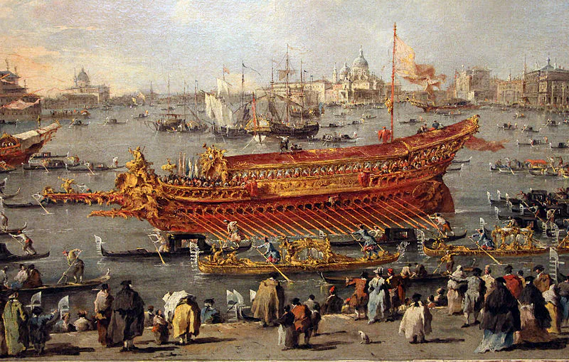 "Partenza del bucintoro verso il lido nel giorno dell'ascensione" by Francesco Guardi, circa 1775–1780. Oil on canvas. Musée du Louvre, Paris, France. (Public Domain)