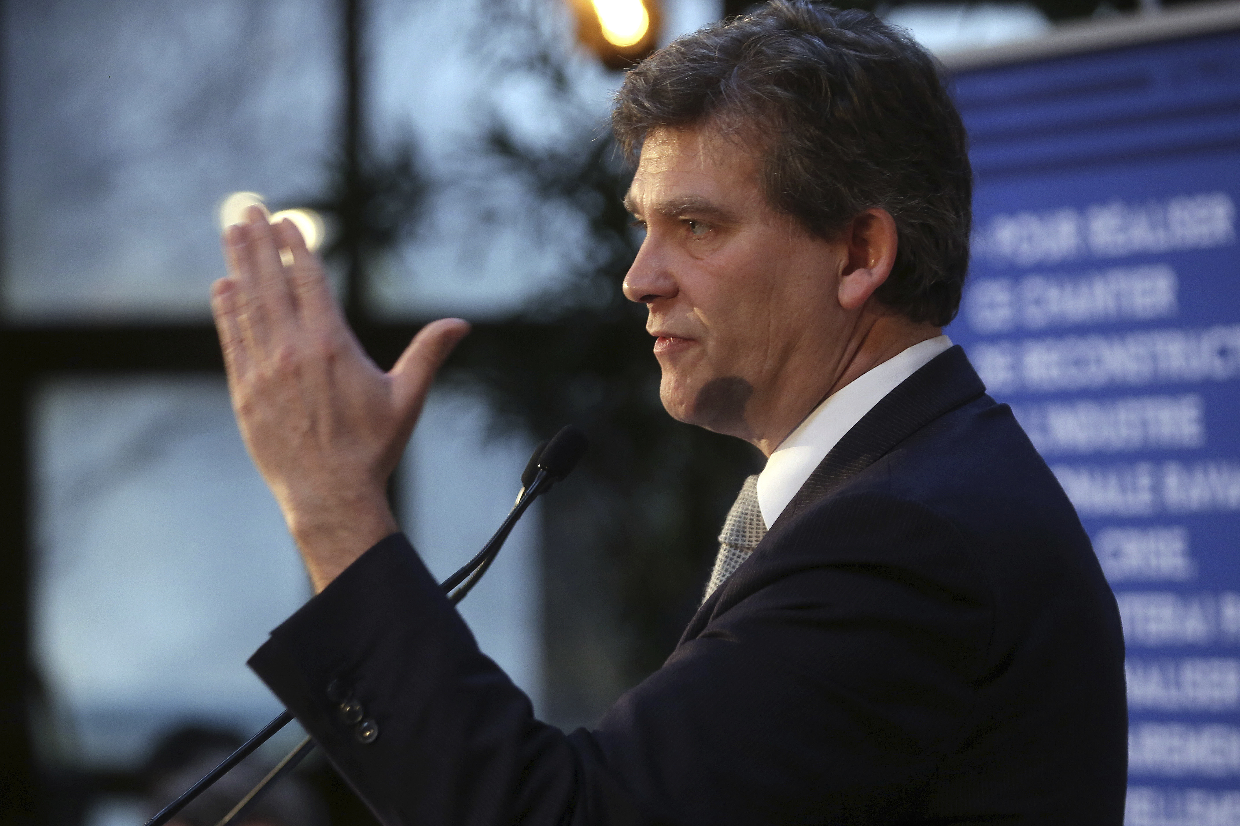 Leftist contender for the Socialist primary election, Arnaud Montebourg during a press conference, in Paris on Jan. 4, 2017. (AP Photo/Thibault Camus)