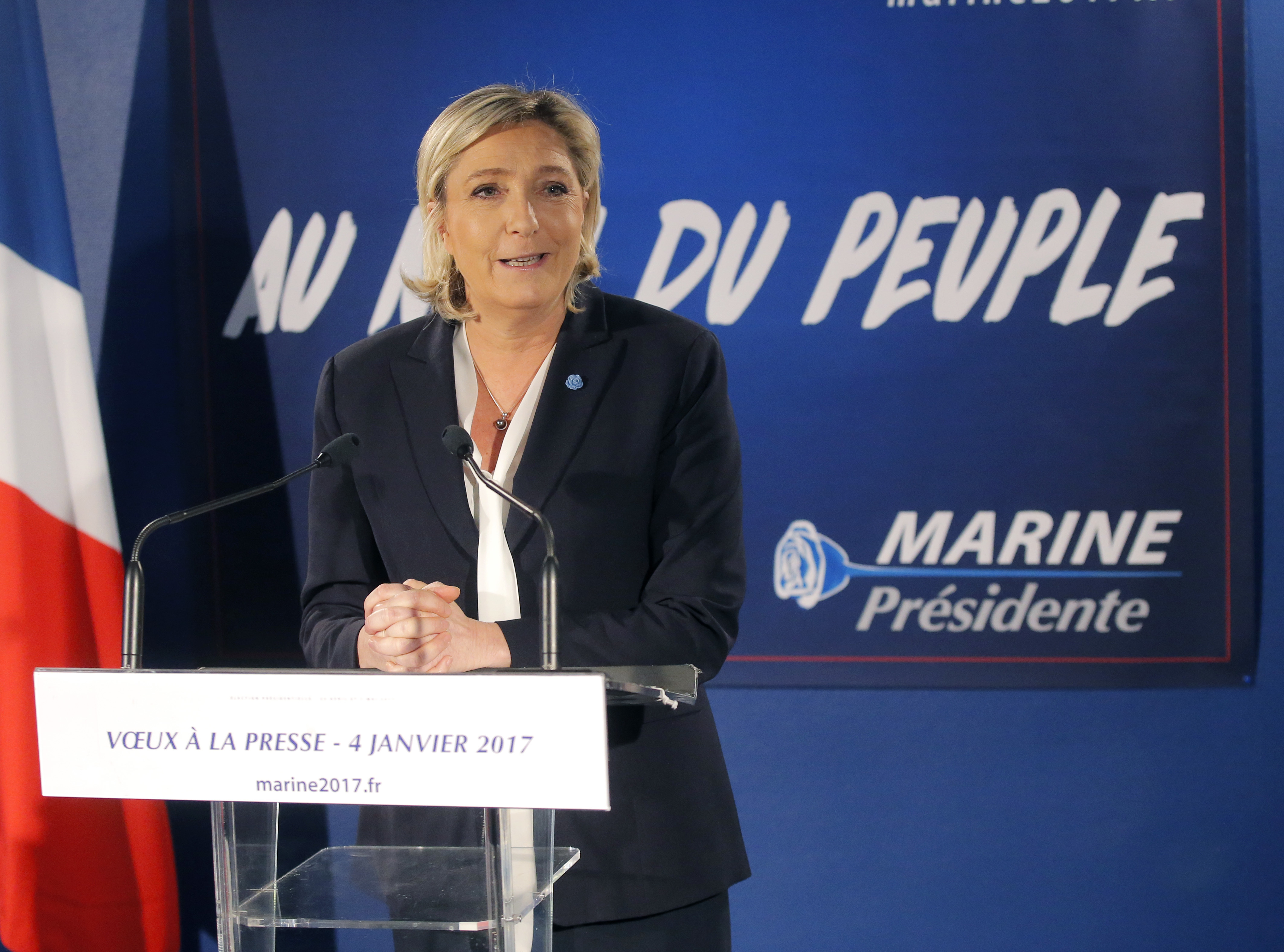 French conservative presidential candidate for next spring presidential elections Marine le Pen delivers her New Year's address to the media in Paris on Jan. 4, 2017. (AP Photo/Michel Euler)