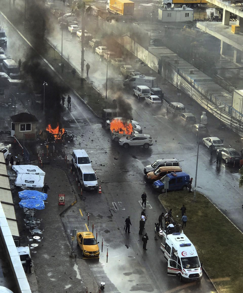 Cars burn after a car bomb explosion in Izmir, Turkey on Jan. 5, 2017. (DHA-Depo Photos via AP)