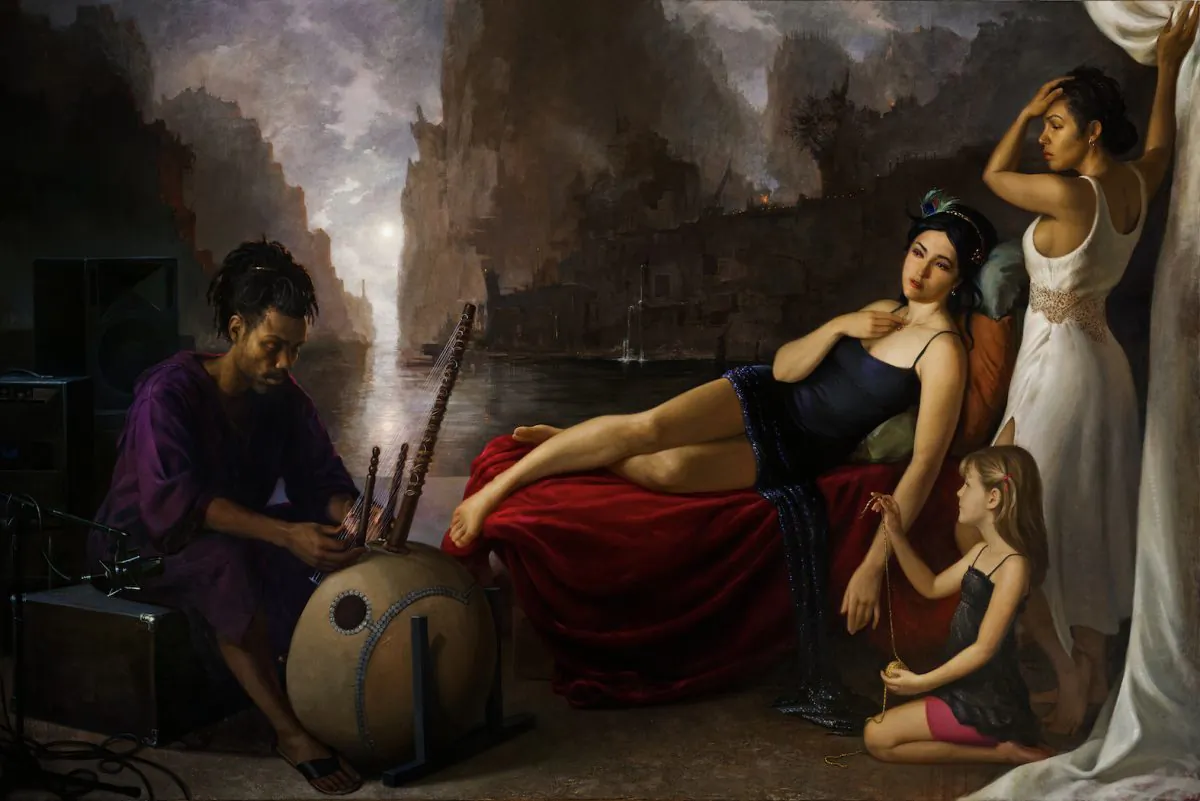 "Orpheus Playing for Persephone and Eurydice in the Underworld," 2013, by Patricia Watwood. Oil on linen, 72 by 108 inches. (Courtesy of Patricia Watwood)