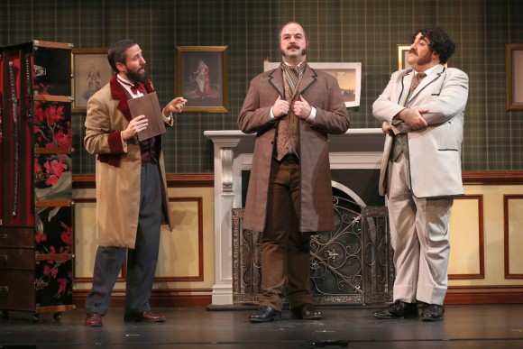 L to R: Andy Herr as Richard D'Oyly Carte, Chris Vaughn as W.S. Gilbert, Adam B. Shapiro as Arthur Sullivan in the prologue. ( Carol Rosegg)