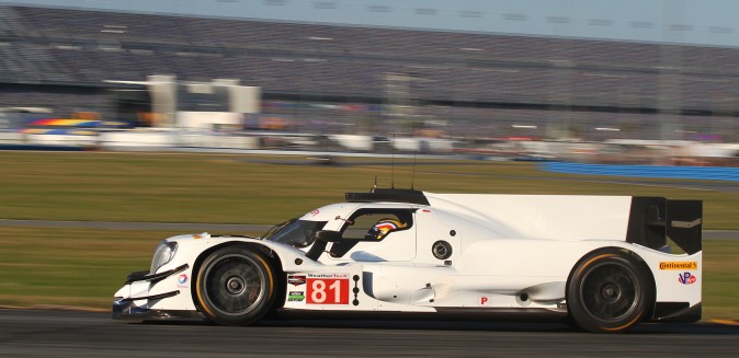 The blank white bodywork o the #81 Dragonspeed Oreca-Gibson really shows the car's contours. (Chris Jasurek/Epoch Times)
