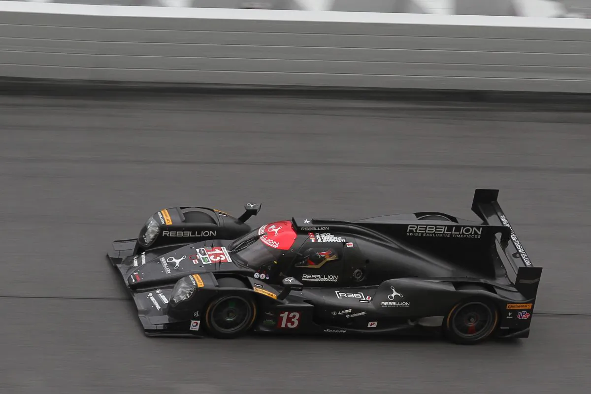 Neel Jani guides the #13 Rebellion Racing Orca-Gibson onto the banking at Daytona International Speedway Saturday, Jan.7, during Day Two of the 2017 Roar Before the Rolex 24. (Chris Jasurek/Epoch Times)
