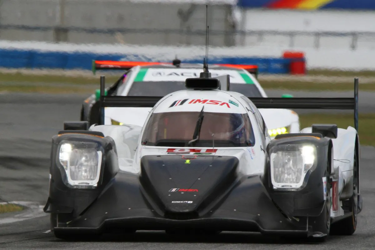 Ben Hanley wheels the #81 Dragonspeed Oreca-Gibson around Daytona during the Sunday morning session of the IMSA WeatherTech Sportscar Championship Roar Before the Rolex 24, Jan. 8, 2017. (Chris Jasurek/Epoch Times)