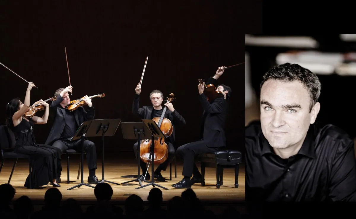 Left: Pacifica Quartet with (L-R) Simin Ganatra, Sibbi Bernhardsson, Brandon Vamos, and Masumi Per Rostad performing at the Met Museum. (Richard Termine) Right: Jörg Widmann. (Marco Borggreve)