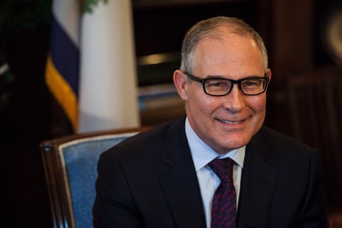 Scott Pruitt, Donald Trump's nominee for EPA Administrator, at a meeting with Senator Shelly Moore Capito (R-WV) on Capitol Hill, Jan. 4, 2017. (Zach Gibson/AFP/Getty Images)