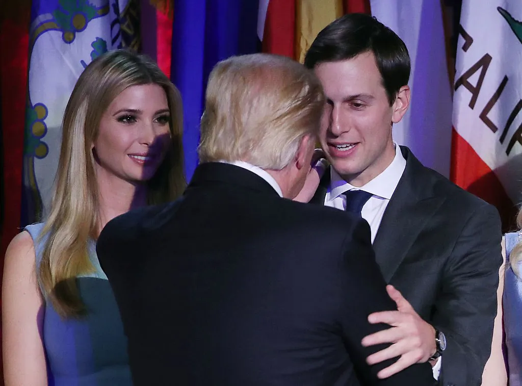 President-elect Donald Trump embraces son in law Jared Kushner (R), as his daughter Ivanka Trump, (L), stands nearby, after his acceptance speech at the New York Hilton Midtown in New York City on Nov. 9, 2016. (Mark Wilson/Getty Images)