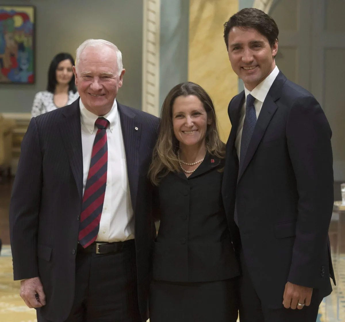 New Minister of Foreign Affairs Chrystia Freeland with Prime Minister Justin Trudeau and Gov. Gen. David Johnston at Rideau Hall in Ottawa on Jan. 10, 2017. (The Canadian Press/Adrian Wyld)