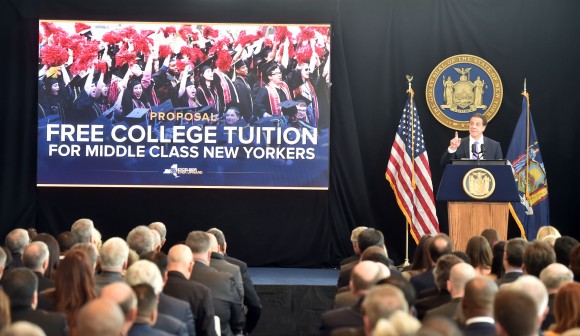New York Gov. Andrew Cuomo talks about his plan for tuition-free public college for families of income under $125,000 at his State of the State address in New York, Jan. 9, 2017. (Office of Governor Andrew M. Cuomo)