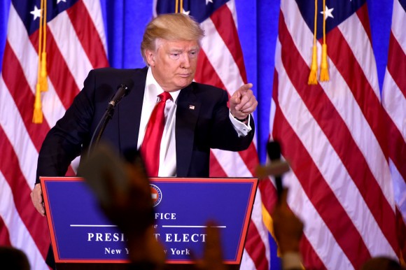 US President-elect Donald Trump gives a press conference in New York on Jan. 11, 2017. Donald Trump held his first news conference in nearly six months Wednesday, amid explosive and unfounded allegations regarding ties to Russia, a little more than a week before his inauguration. (DON EMMERT/AFP/Getty Images)