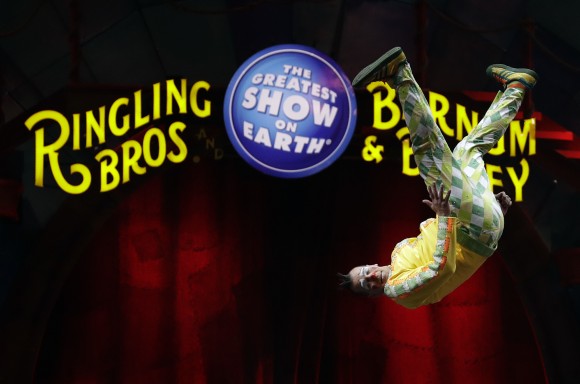 A Ringling Bros. and Barnum & Bailey clown does a somersault during a performance in Orlando, Fla., on Jan. 14, 2017. (AP Photo/Chris O'Meara)