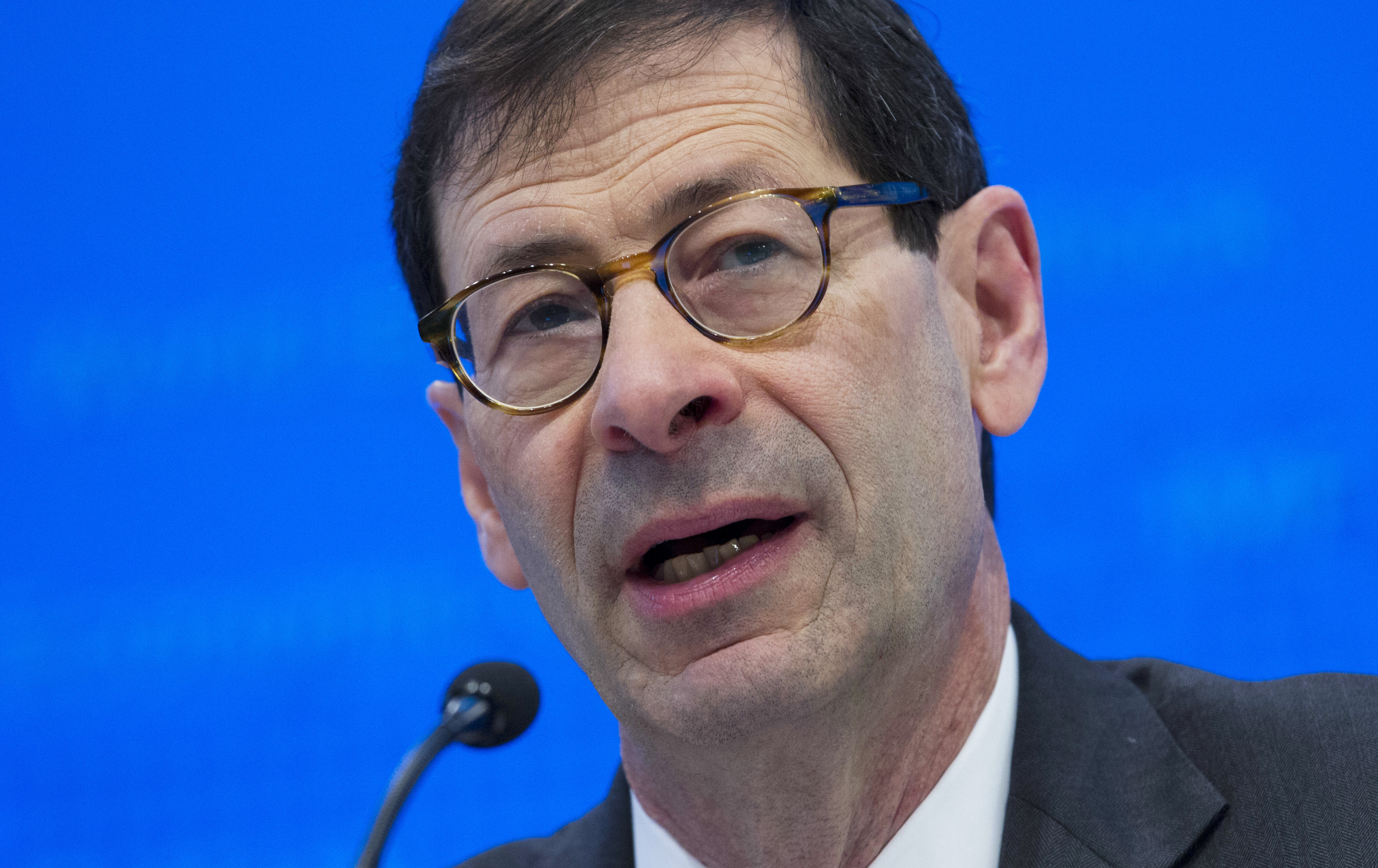 International Monetary Fund Economic Counsellor Maurice Obstfeld at a news conference during the World Bank/IMF Annual Meetings, at IMF headquarters in Washington. (AP Photo/Jose Luis Magana)