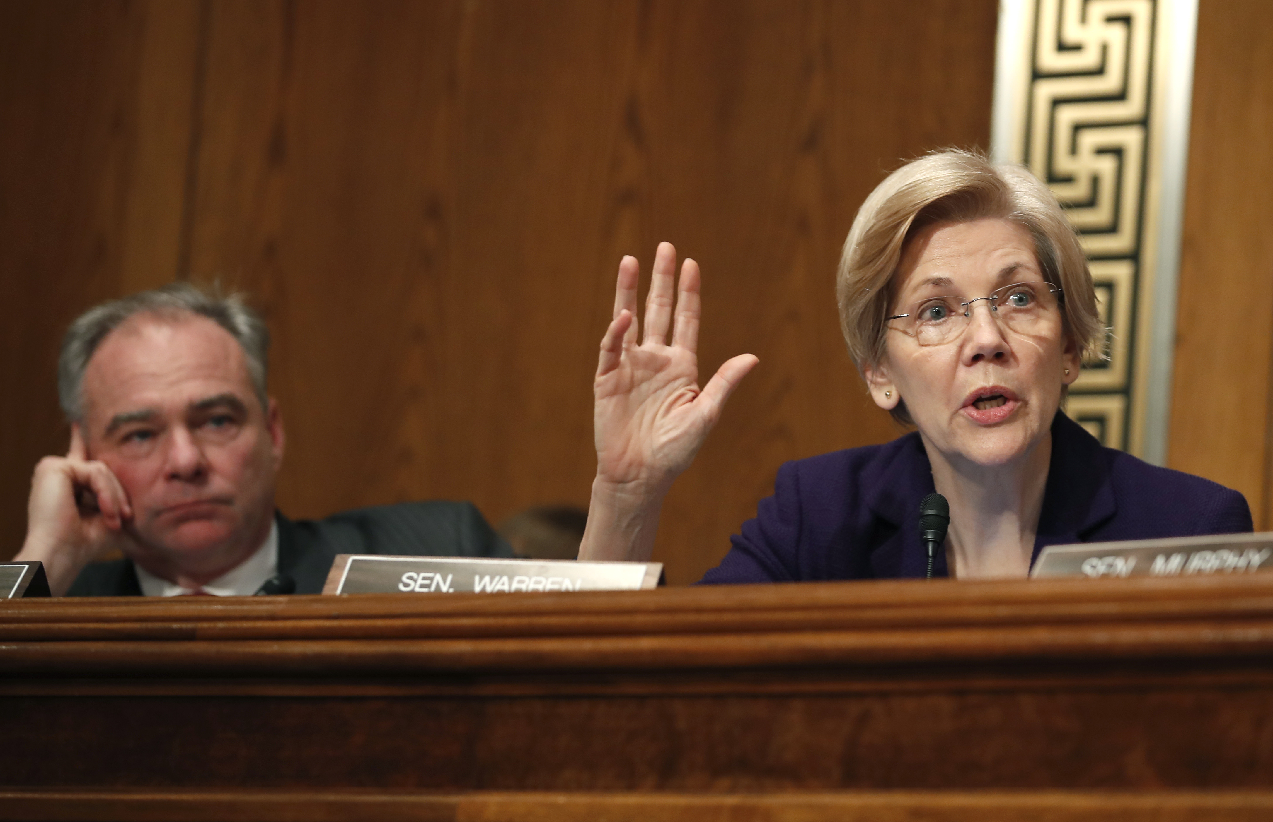 Sen. Elizabeth Warren, D-Mass., questions Education Secretary-designate Betsy DeVos on Capitol Hill in Washington on Jan. 17, 2017. (AP Photo/Carolyn Kaster)