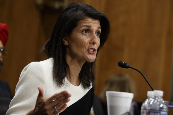 UN Ambassador-designate, South Carolina Gov. Nikki Haley testifies on Capitol Hill in Washington, Wednesday, Jan. 18, 2017, at her conformation hearing before the Senate Foreign Relations Committee. (AP Photo/Evan Vucci)