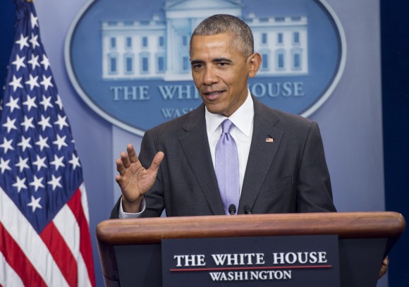 US President Barack Obama speaks during a surprise appearance at White House Press Secretary Josh Earnest's last daily press briefing of the Obama administration in the Brady Press Briefing Room at the White House in Washington, DC, January 17, 2017. / AFP / SAUL LOEB (Photo credit should read SAUL LOEB/AFP/Getty Images)