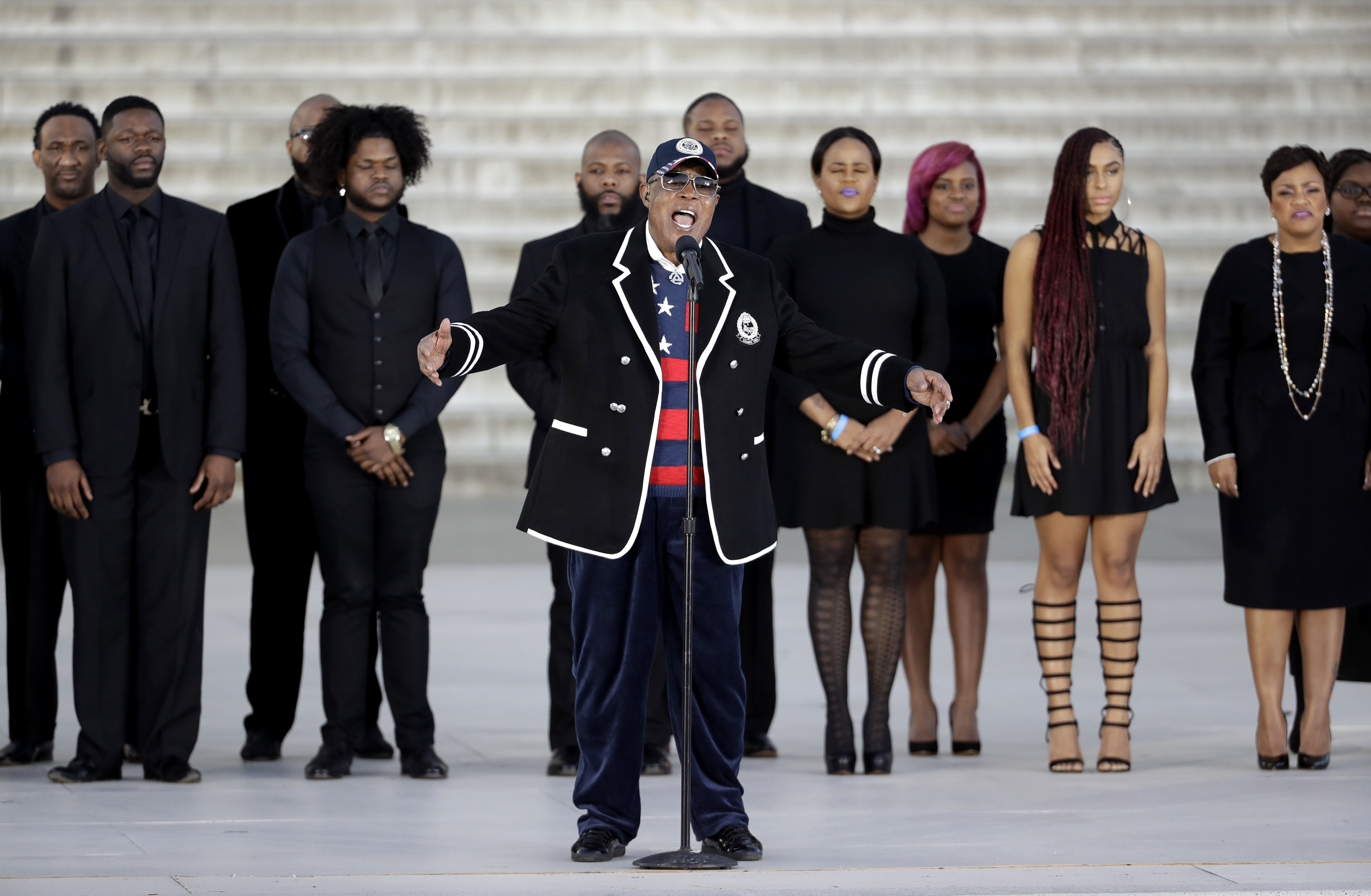 Singer Sam Moore performs during a pre-Inaugural "Make America Great Again! Welcome Celebration" at the Lincoln Memorial in Washington on Jan. 19, 2017. (AP Photo/David J. Phillip)