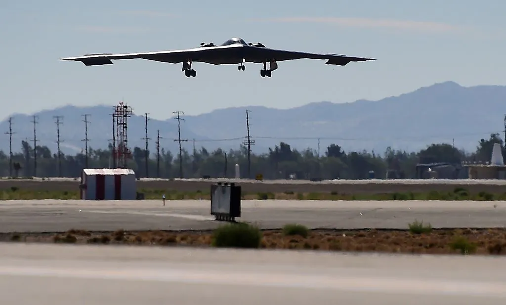 A B-2 Stealth Bomber comes in for a landing at the Palmdale Aircraft Integration Center of Excellence in Palmdale, Calif., on July 17, 2014. (Frederic J. Brown/AFP/Getty Images)