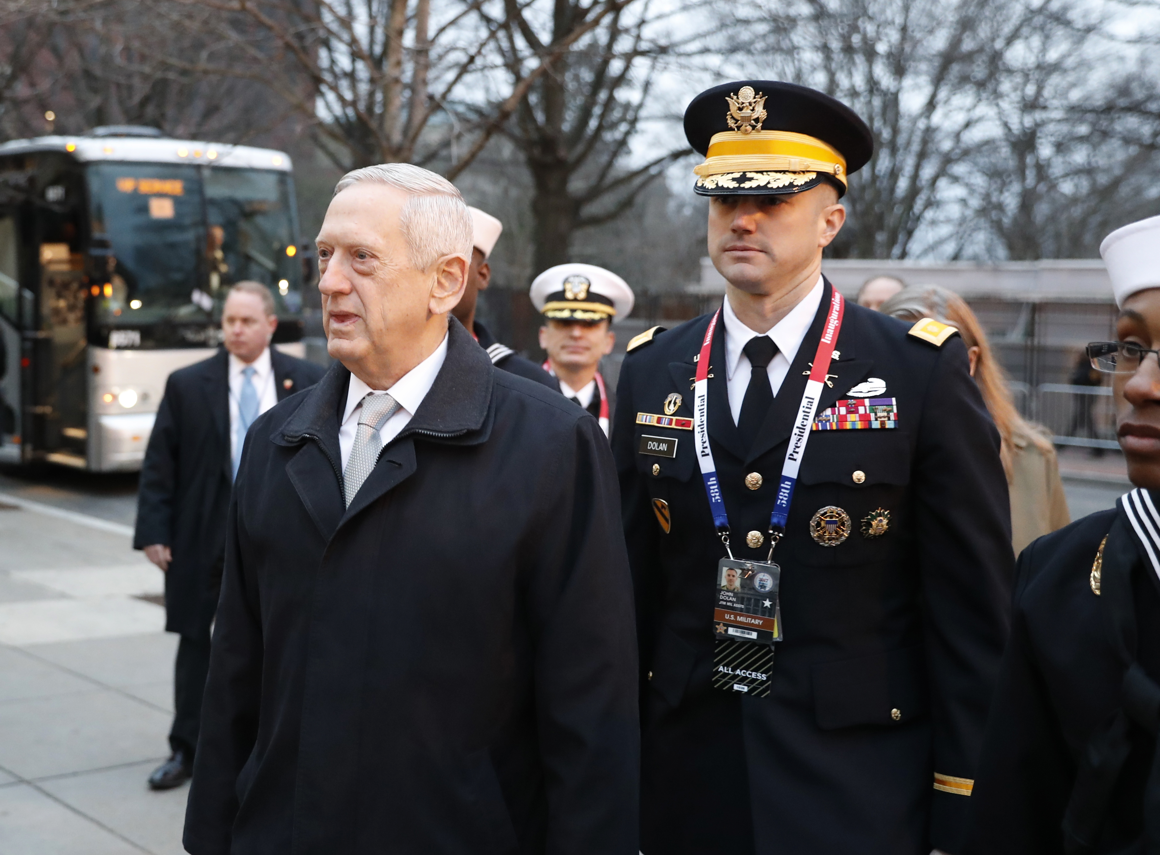 Defense Secretary-designate James Mattis arrives for church service at St. John's Episcopal Church across from the White House in Washington on Jan. 20, 2017, on Donald Trump's inauguration day. (AP Photo/Alex Brandon)