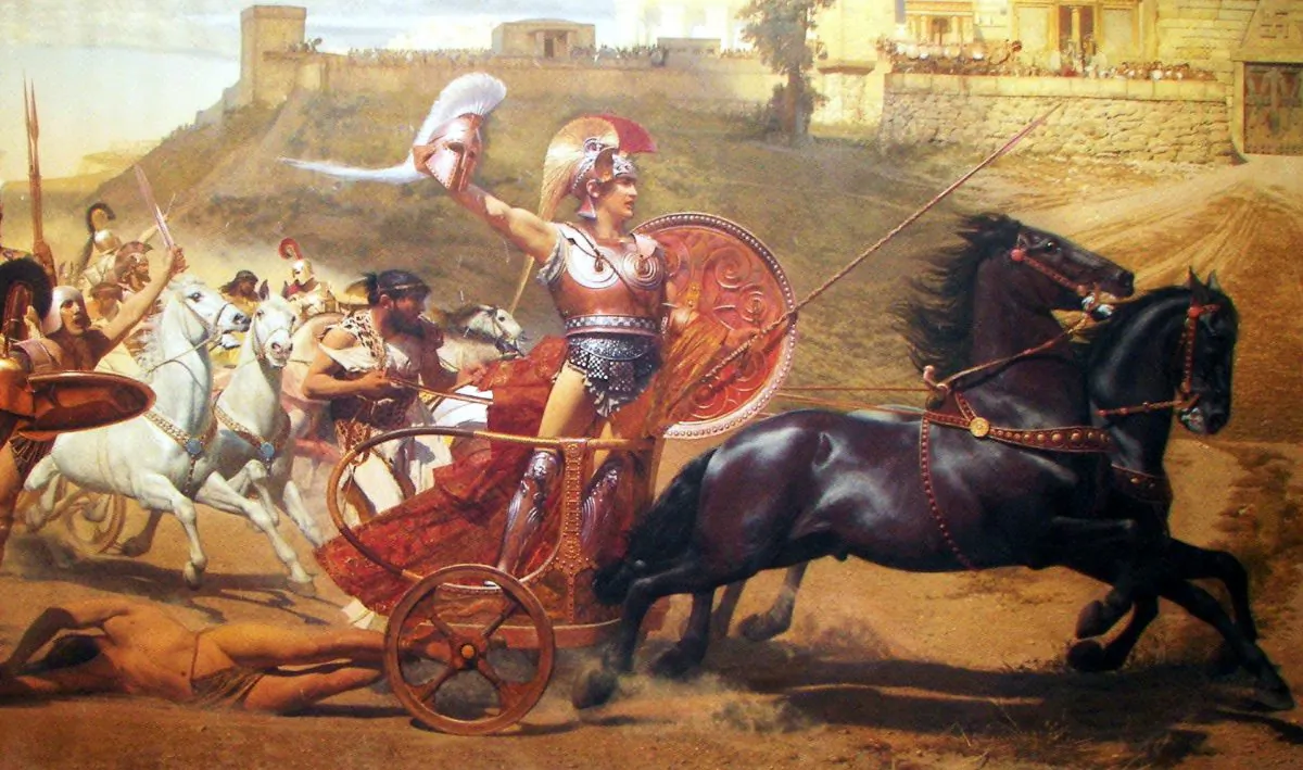 “Triumphant Achilles,” from a panoramic fresco on the upper level of the main hall of the Achilleion in Gastouri, Corfu. Achilles is dragging Hector's lifeless body in front of the Gates of Troy. Andrew Kern considers Homer, who told Achilles's story, to be the source of Western civilization. (Public domain)