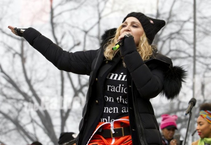 Madonna performs on stage during the Women's March rally, Saturday, Jan. 21, 2017, in Washington. Madonna, Julia Roberts, Scarlett Johansson, Cher, Alicia Keys, Katy Perry, Emma Watson, Amy Schumer, Jake Gyllenhaal and feminist leader Gloria Steinem were some of the Hollywood A-list celebrities in attendance at the march in Washington. (AP Photo/Jose Luis Magana)
