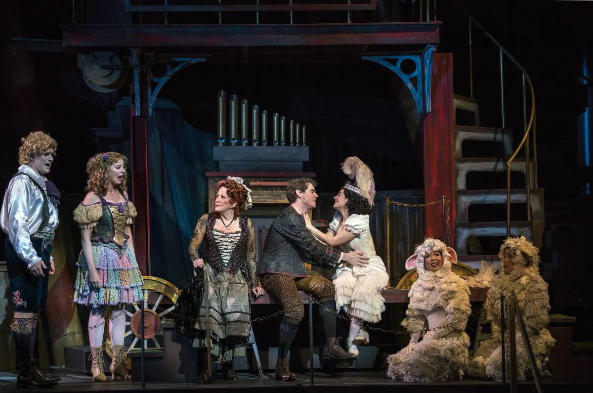 (L–R) Keith Phares, Jessica Tyler Wright, Linda Lavin, Jay Armstrong Johnson, Meghan Picerno in “Candide.” (Sarah Shatz)