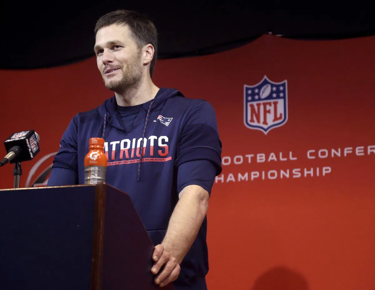 New England Patriots quarterback Tom Brady during a news conference after the AFC championship NFL football game against the Pittsburgh Steelers in Foxborough, Mass., on Jan. 22, 2017. (AP Photo/Elise Amendola)