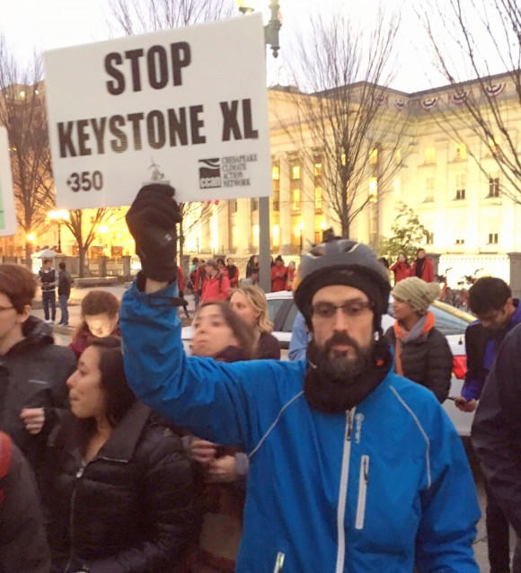 Hundreds of people gathered for an anti-pipeline protest outside the White House on Jan. 24, 2017, the day President Donald Trump signed executive orders that might lead to the construction of Keystone XL. (The Canadian Press/Alex Panetta)