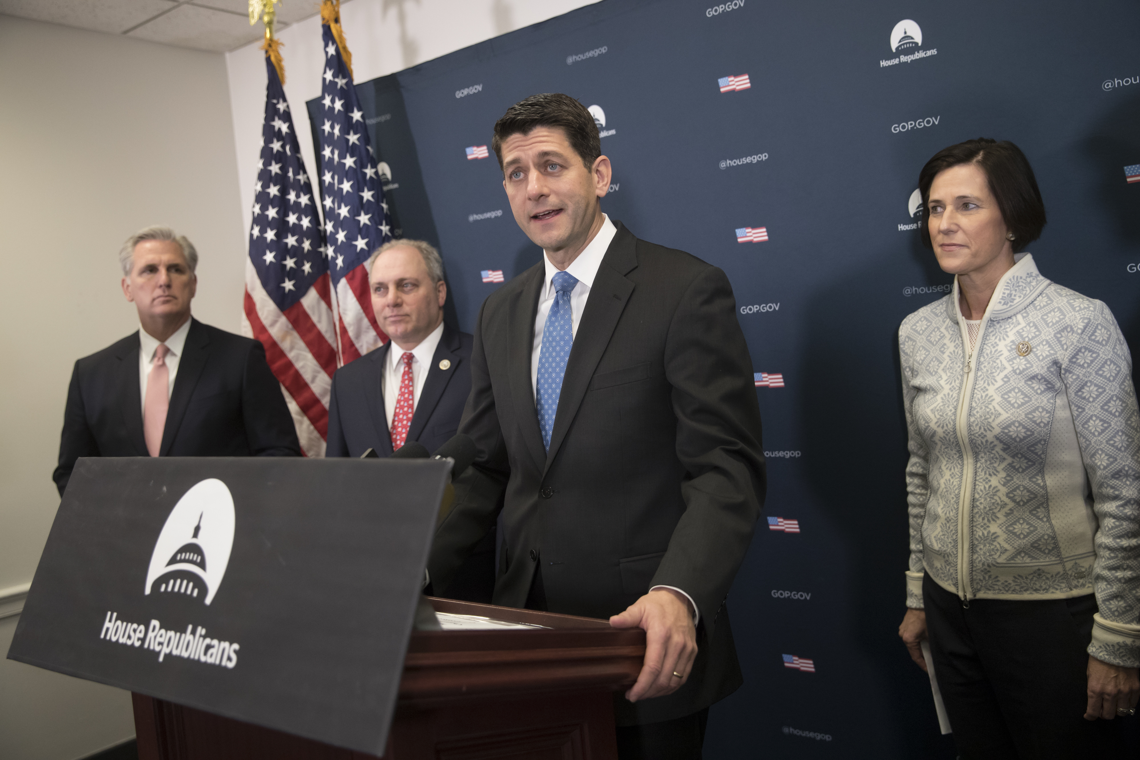 House Speaker Paul Ryan of Wis., joined by (L-R) House Majority Leader Kevin McCarthy of Calif., House Majority Whip Steve Scalise of La., and Rep. Mimi Walters, R-Calif., meets reporters on Capitol Hill in Washington on Jan. 24, 2017. (AP Photo/J. Scott Applewhite)
