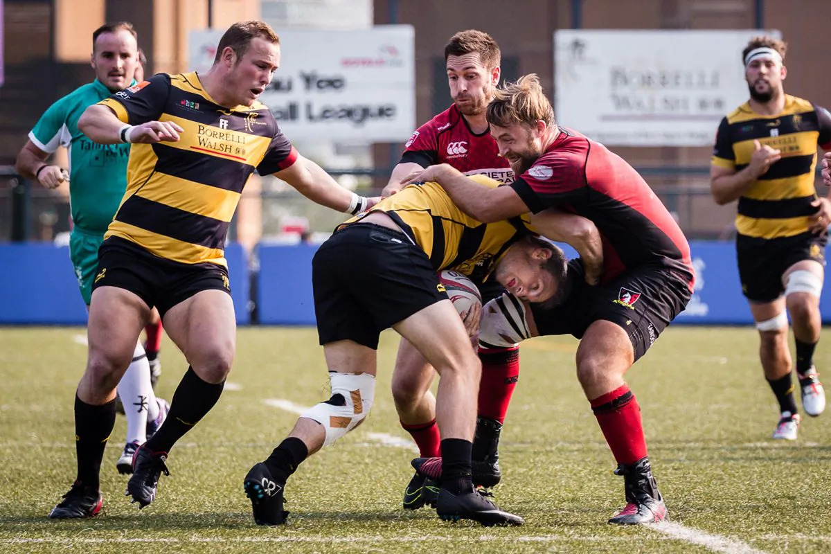Double try scorer, Borrelli Walsh USRC Tigers, Full Back Casey Stone shows great determination in his effort to progress against Societe Generale Valley that saw them battle back to draw 29-29 in the HKRFU Premiership match at King’s Park, on Saturday Jan 21, 2017. (Dan Marchant)