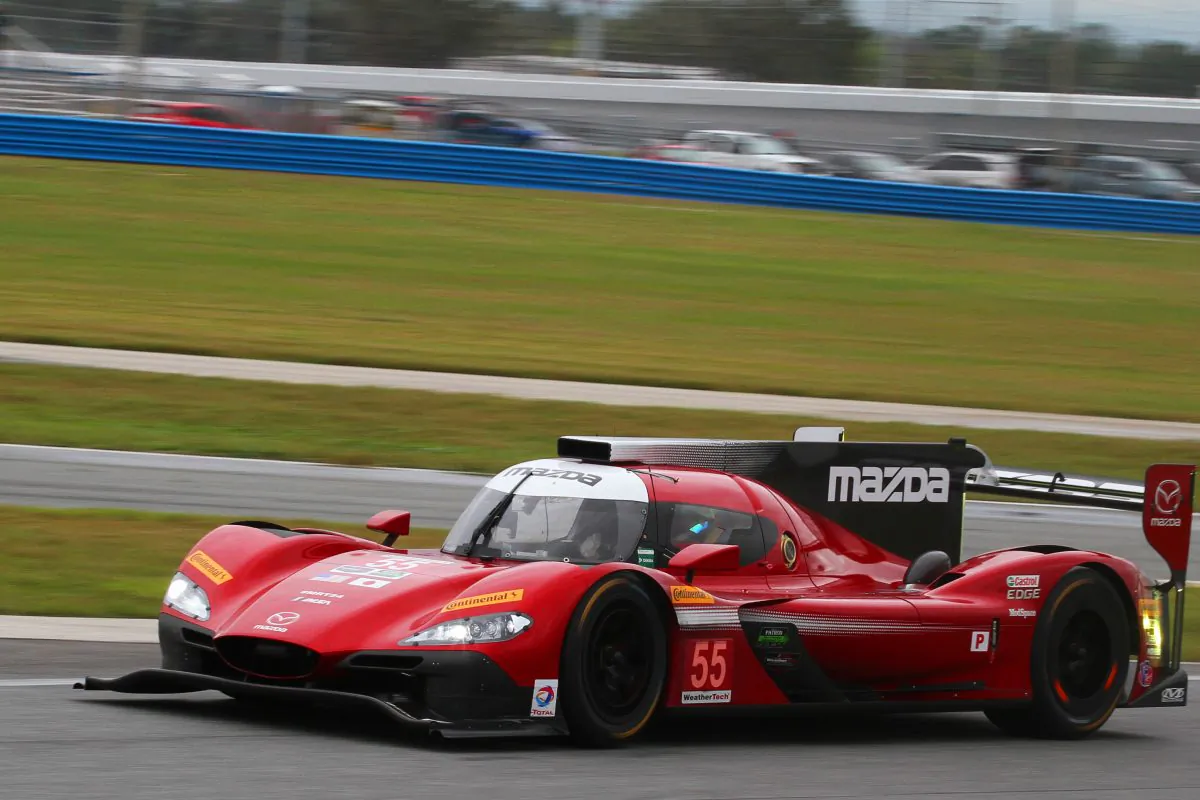 Tristan Nunez drives the new Mazda RT24-P at the IMSA WeatherTech SportsCar Championship Roar Before the Rolex 24 at Daytona International Speedway, Jan. 8, 2017. (Chris Jasurek/Epoch Times)