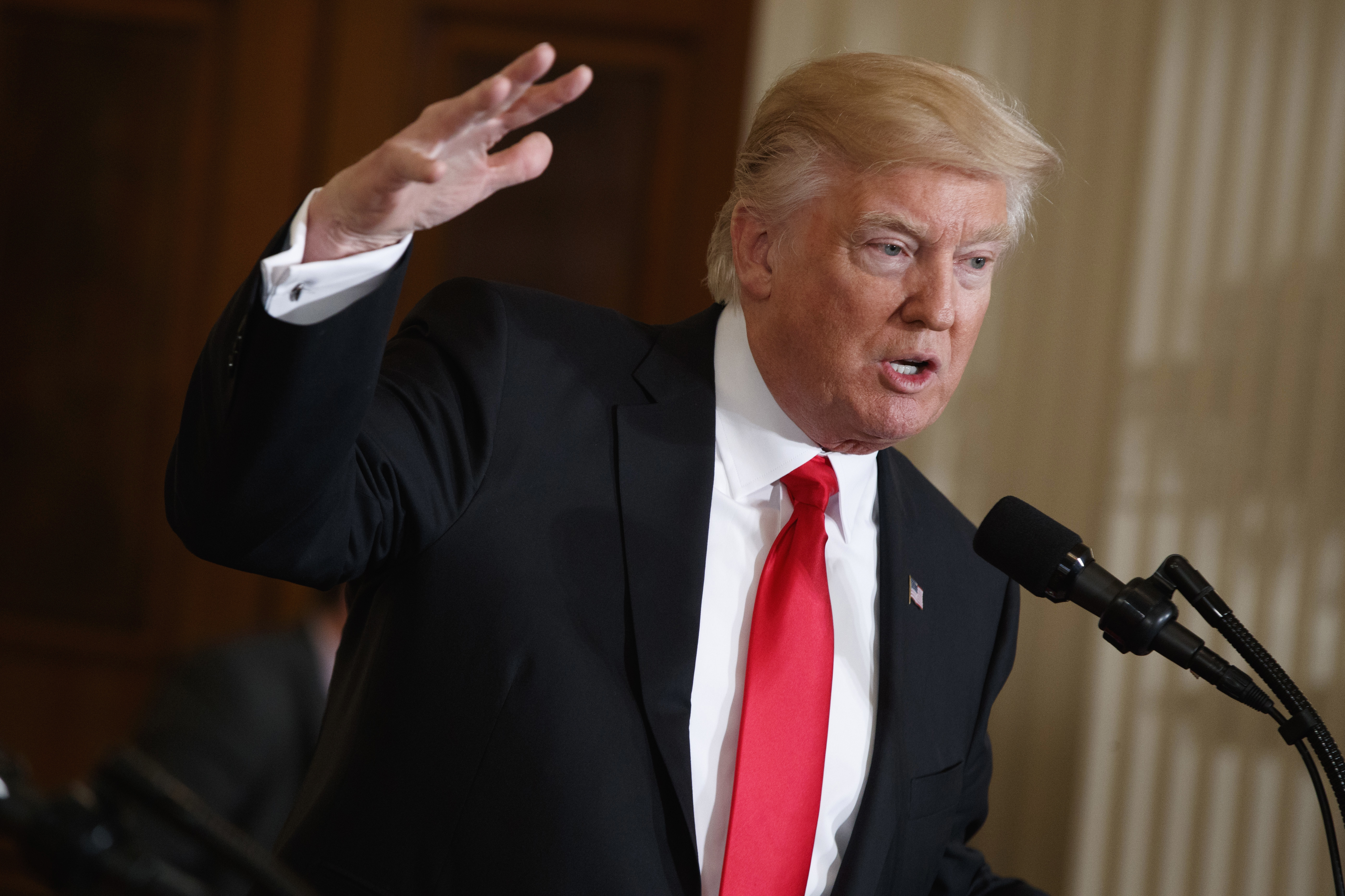 President Donald Trump speaks during a joint news conference with British Prime Minister Theresa May in the East Room of the White House in Washington on Jan. 27, 2017. (AP Photo/Evan Vucci)