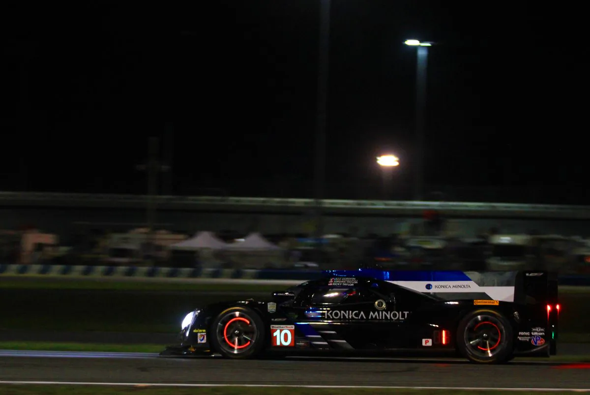 Max Angelelli in the #10 Wayne Tayor Racing Cadillac DPienters the International Horseshoe at Daytona International Speedway four-and-a-half hours into the IMSA WeatherTech Sportscar Championship Rolex 24 at Daytona, Jan. 28, 2017. (Chris Jasurek/Epoch Times)
