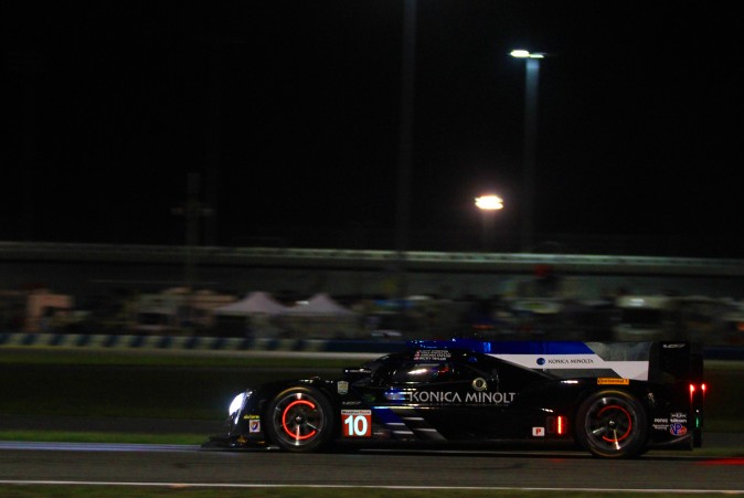 Max Angelelli in the #10 Wayne Tayor Racing Cadillac DPienters the International Horseshoe at Daytona International Speedway four-and-a-half hours into the IMSA WeatherTech Sportscar Championship Rolex 24 at Daytona, Jan. 28, 2017. (Chris Jasurek/Epoch Times)