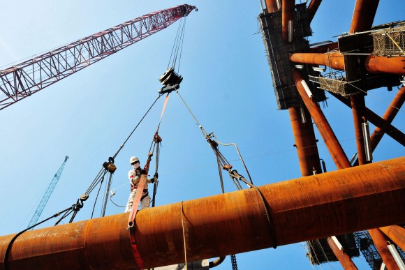 A construction site at an offshore oil engineering company in Qingdao, Shandong Province, China, on Dec. 1, 2016. (STR/AFP/Getty Images)