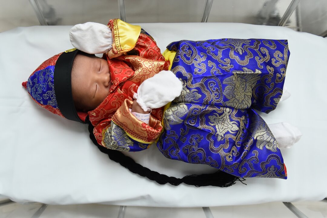 A newborn baby in a Chinese-inspired costume to mark the Year of the Rooster lays in a cot at Paolo Memorial Hospital in Bangkok on January 27, 2017. (AFP / Lillian Suwanrumpha)