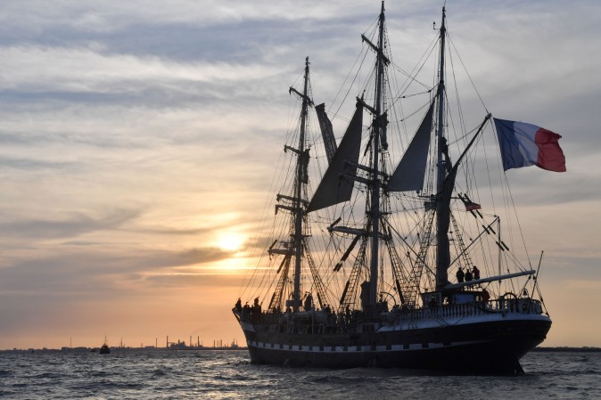 A three masted barque from France le Belem set sails after departing on the Loire river from Nantes, western France, to Saint-Nazaire, a few days prior to the start of The Bridge 2017, a transatlantic race between the cruise liner RMS Queen Mary 2 and the world's fastest Ultim trimarans, from Saint-Nazaire to New-York City, scheduled to begin on June 25. (LOIC VENANCE/AFP/Getty Images)